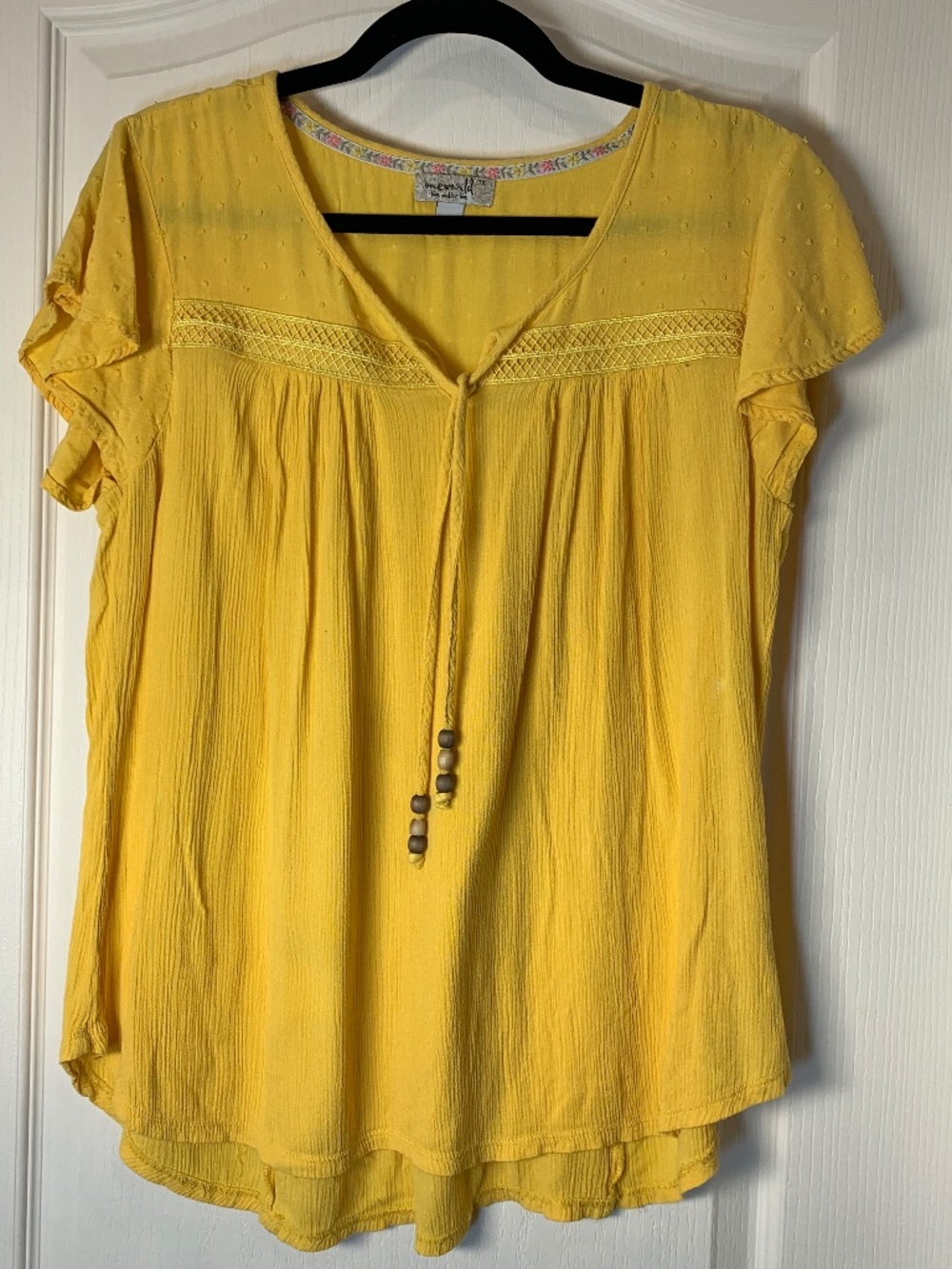 One World Boho Yellow Blouse 1X Flowy Textured Top Peasant Style Summer